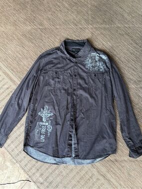 Decoded XL Pinstripe Button Front Shirt Fleur De Lis Graphic Y2K Grunge